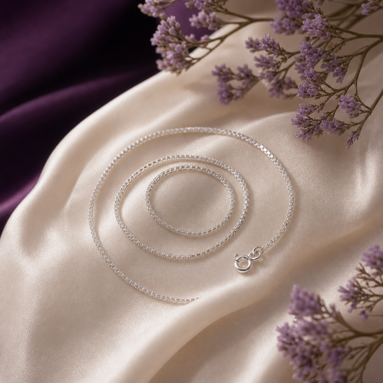 Fine silver box chain on ivory silk