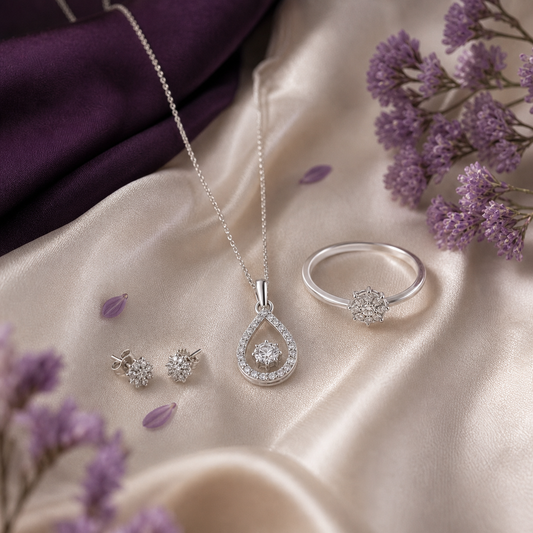 Ithara silver gift capsule set on ivory silk