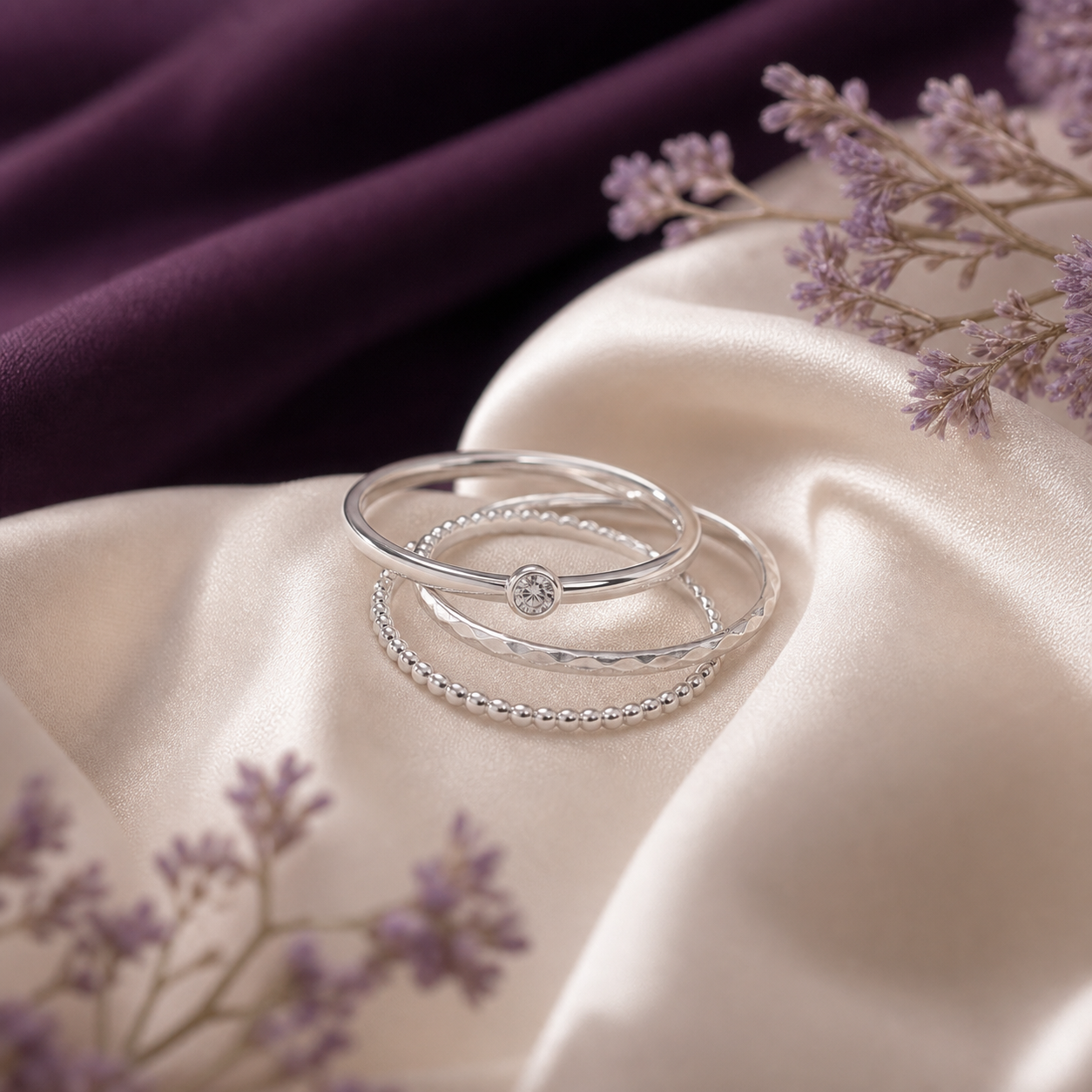 Minimal silver stack ring set on ivory silk
