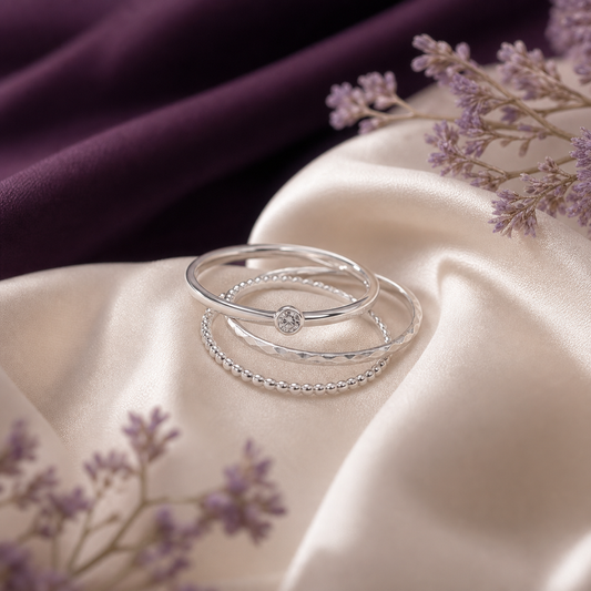 Minimal silver stack ring set on ivory silk